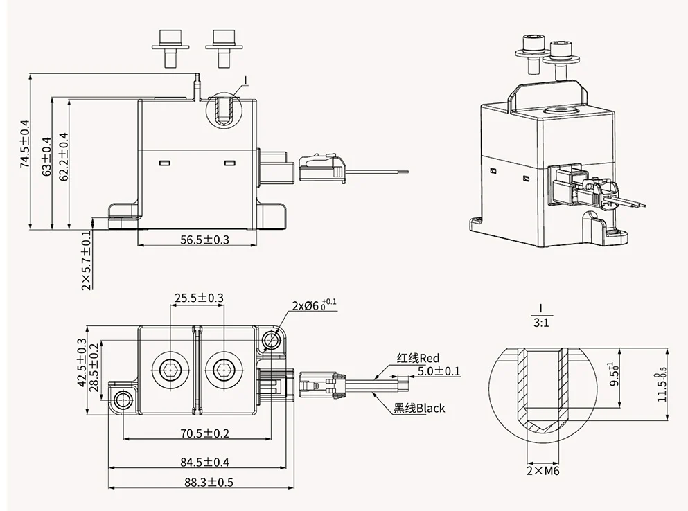 博雪科技 高压交/直流继电器 新能源继电器 NN82C-250 HC5外形尺寸图